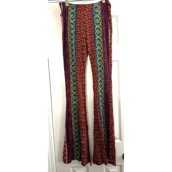 RAGA Revolve Boho Printed Wide Leg Flare Printed Pants Orange Red Multi - Sz S - Picture 2 of 7